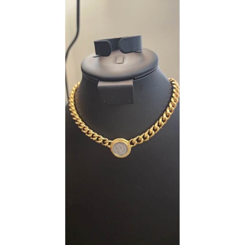 Vintage Carolee Gold Tone Curb Chain Coin Medallion Necklace Roman Style